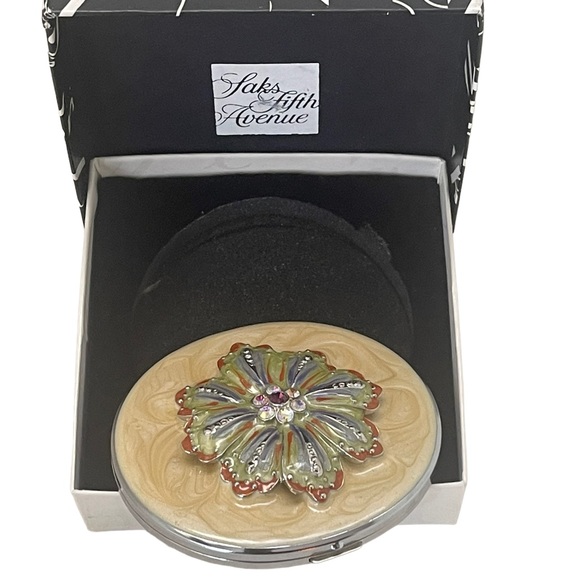 None Other - Saks Fifth Avenue Double Mirror Compact Cream Silver Rhinestone Metal Flower